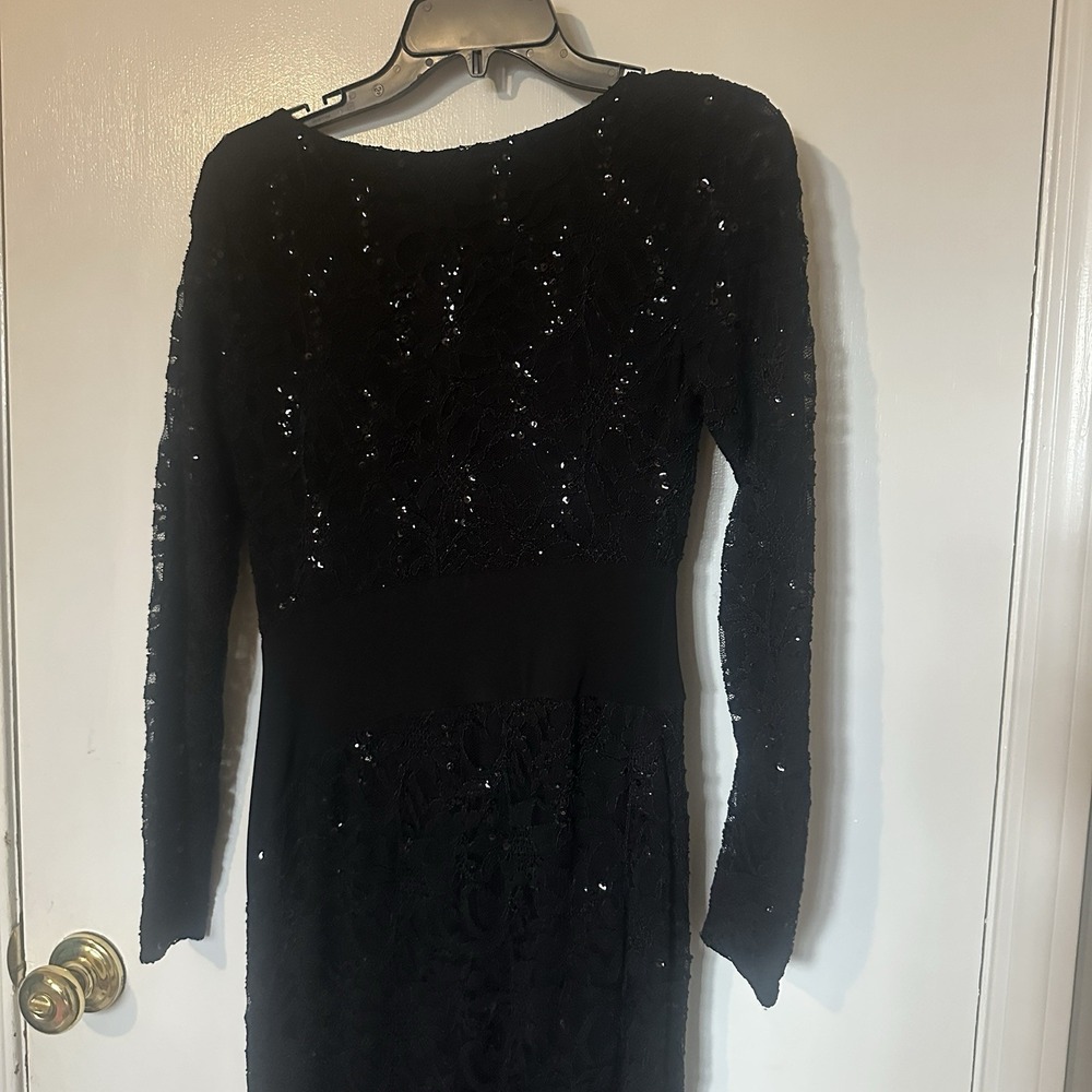Lauren Ralph Lauren Evening Gown Women's 2 Black Sequin Ruched Slit Formal Party - Picture 6 of 8